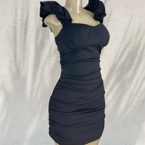 Black Ruffle Strap Bodycon Mini Dress | Ruched Party Dress 🖤✨ - Picture 2 of 4
